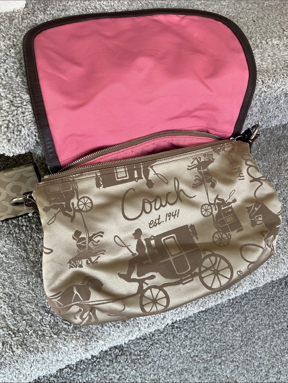 Coach Beige Signature Carriage Crossbody with Pink Lining